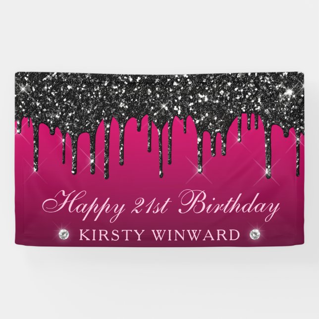 Pink and Black Dripping Glitter 21st Birthday Banner (Horizontal)