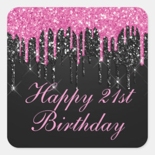 Pink and Black Dripping Glitter Birthday Square Sticker