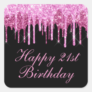 Pink and Black Dripping Glitter Birthday Square Sticker