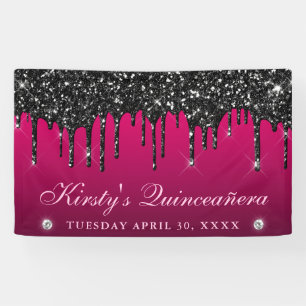 Pink and Black Dripping Glitter Quinceanera Banner