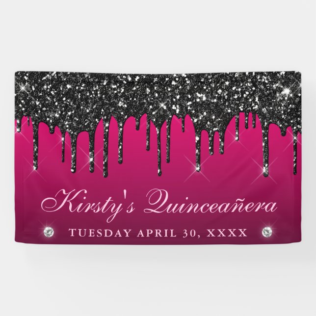 Pink and Black Dripping Glitter Quinceanera Banner (Horizontal)