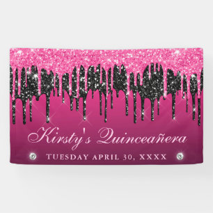 Pink and Black Dripping Glitter Quinceanera Banner