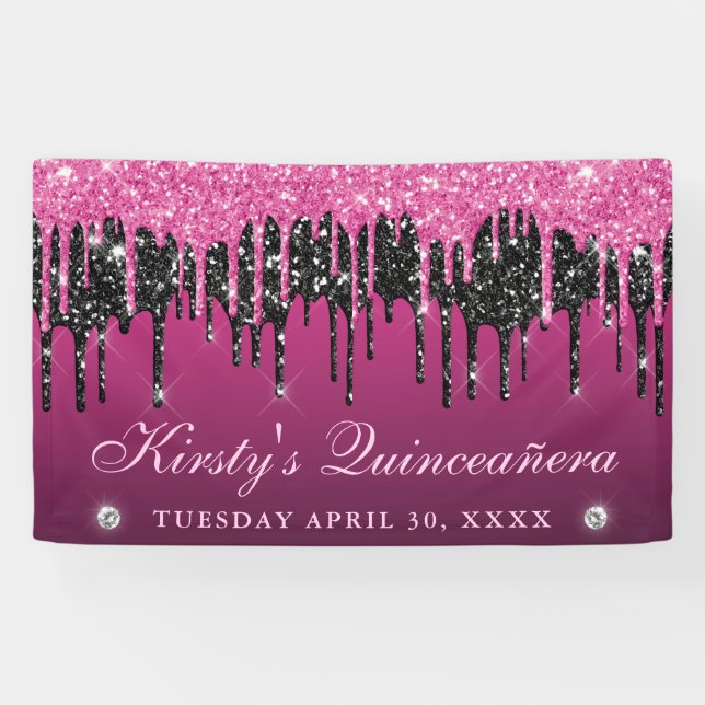 Pink and Black Dripping Glitter Quinceanera Banner (Horizontal)