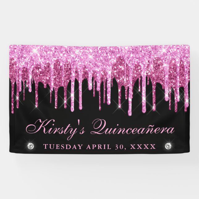 Pink and Black Dripping Glitter Quinceanera Banner (Horizontal)