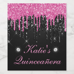 Pink and Black Dripping Glitter Quinceanera Wine Label