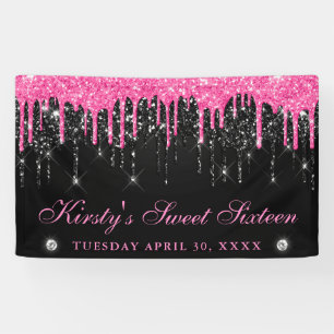 Pink and Black Dripping Glitter Sweet Sixteen Banner