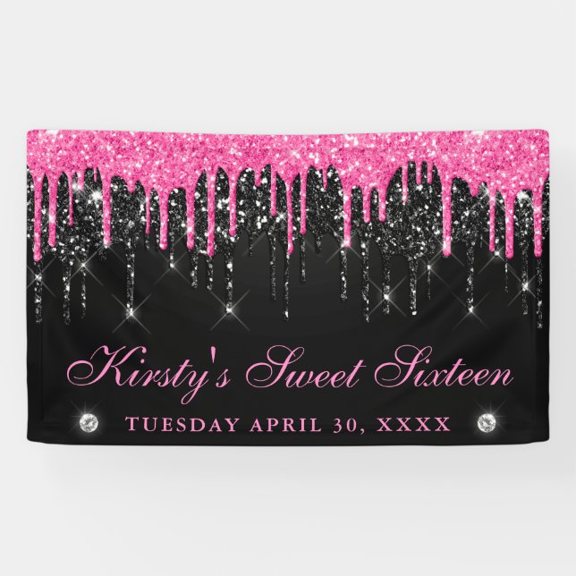 Pink and Black Dripping Glitter Sweet Sixteen Banner (Horizontal)