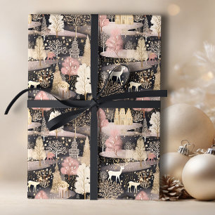 Pink and Black Elegant Snowy Deer Forest Wrapping Paper