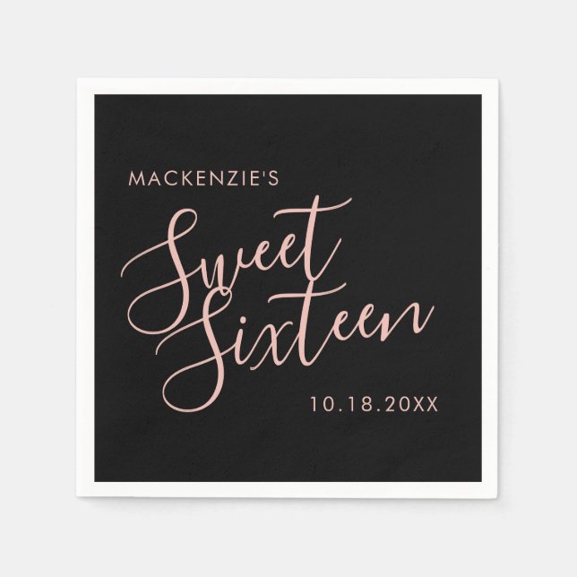 Pink and Black Elegant Sweet 16 Personalised Name Napkin (Front)