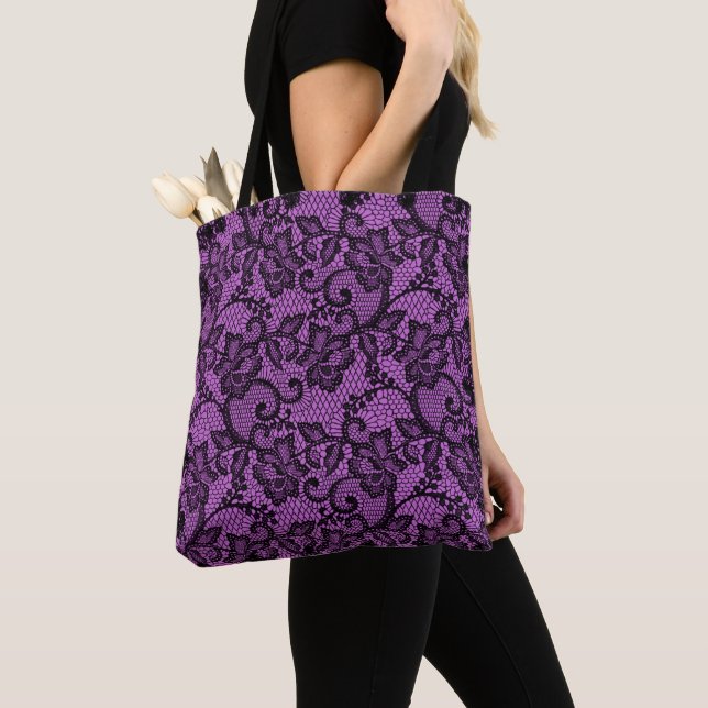 Pink And Black Faux Lace Tote Bag (Close Up)