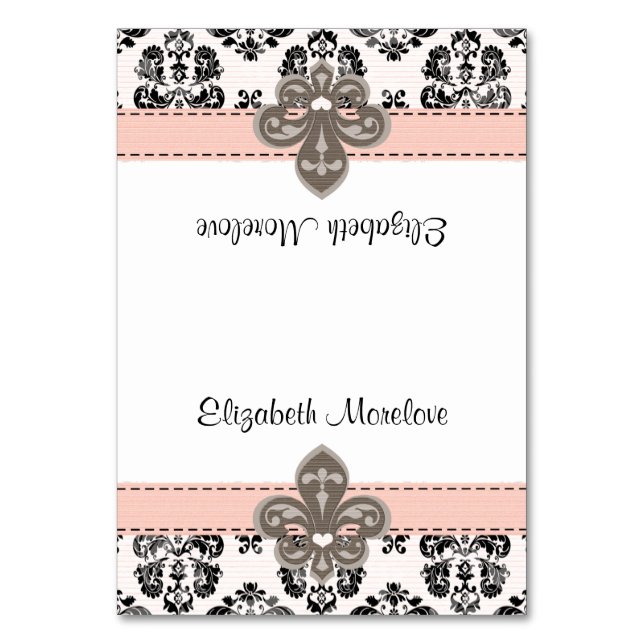 Pink and Black Fleur de Lis Tented Name Place Card (Front)