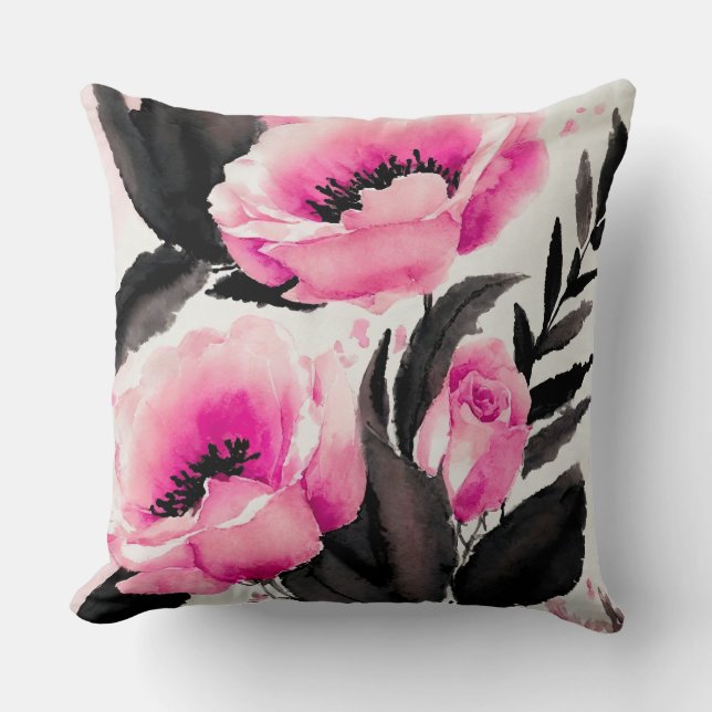 Pink and black floral abstract cushion (Front)