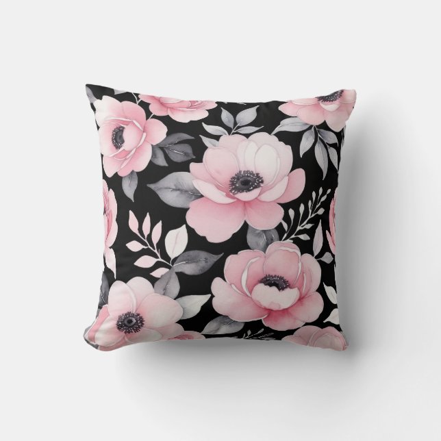 pink and black floral art cushion (Front)
