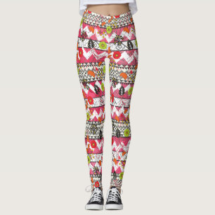 Pink and Black Floral Aztec Pattern Leggings