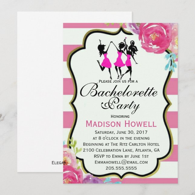 Pink and Black floral Bachelorette invitation (Front/Back)