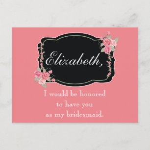 Pink and Black Floral Bridesmaid Proposal Postcard