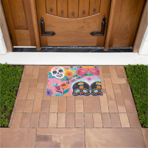 Pink and black Floral Dia de Muertos Doormat