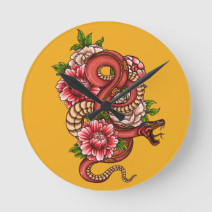 Pink and Black Floral Dragon on  Round Clock