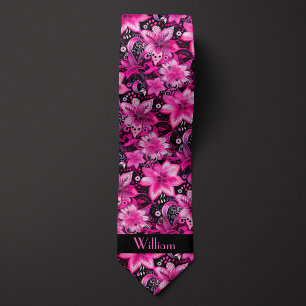 Pink and Black Floral Monogram Tie