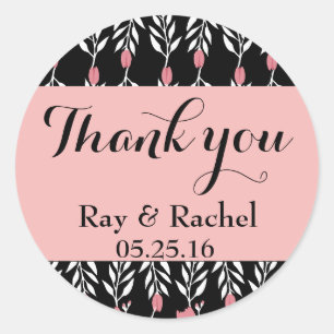 Pink and Black Floral Thank you Classic Round Sticker