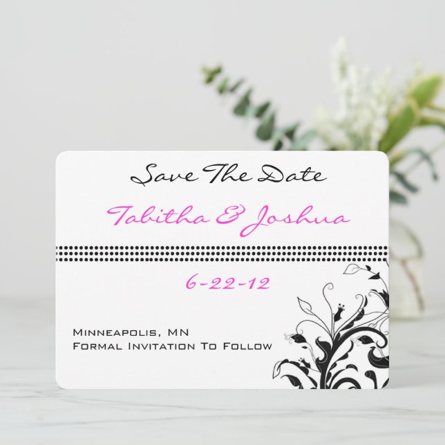 Pink and Black Floral Vines | Wedding Save The Date (Standing Front)