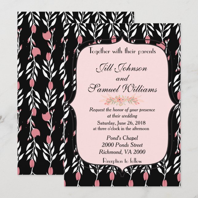 Pink and Black Floral Wedding Invitation (Front/Back)