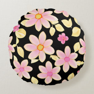 Pink and Black Flower Pattern  Round Cushion