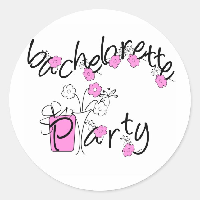 Pink and Black Flowers Bachelorette Party Classic Round Sticker (Front)