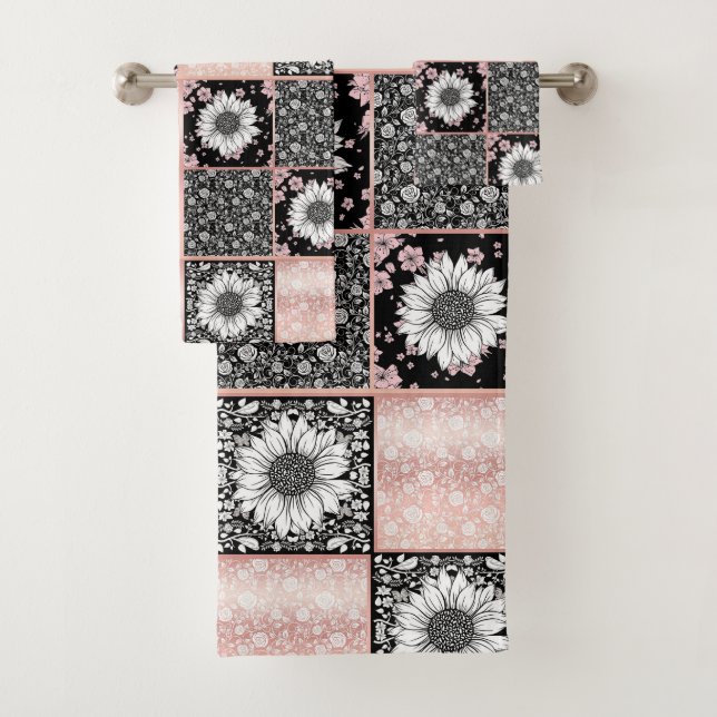 Pink and Black Flowers Patchwork Pattern Bath Towel Set (Insitu)