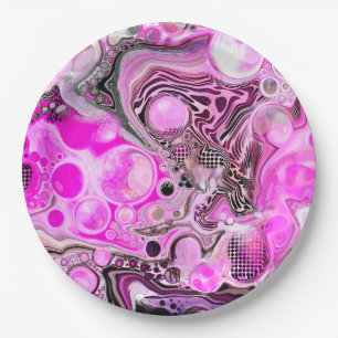 Pink and Black Fluid Art Pour Painting Effect    Paper Plate