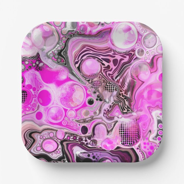 Pink and Black Fluid Art Pour Painting Effect Paper Plate (Front)