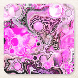 Pink and Black Fluid Art Pour Painting Effect Square Paper Coaster