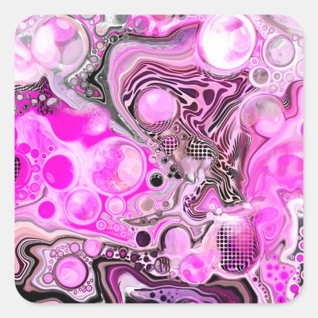 Pink and Black Fluid Art Pour Painting Effect    Square Sticker (Front)