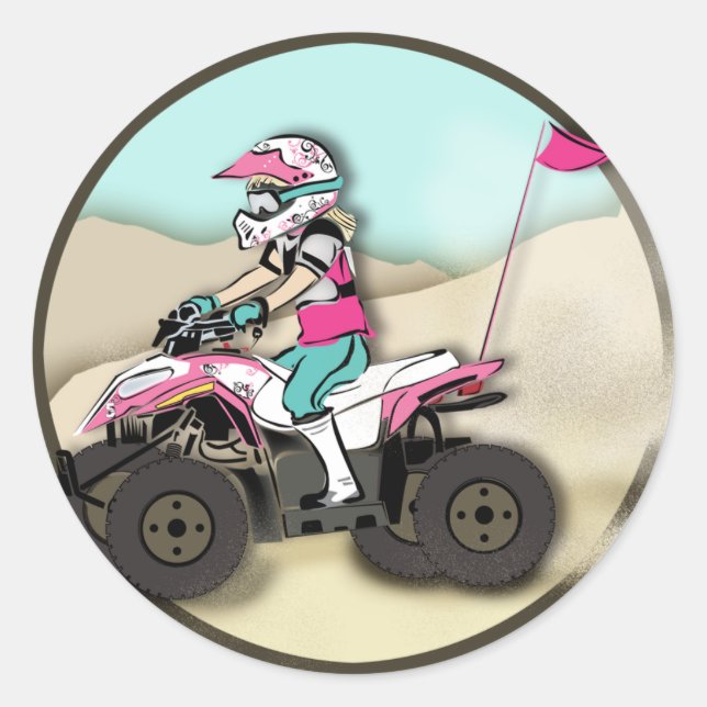 Pink and Black Girl ATV Rider Classic Round Sticker (Front)