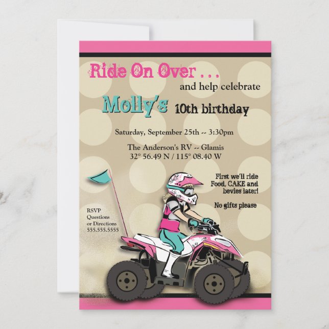 Pink and Black Girl ATV Rider Invitation (Front)