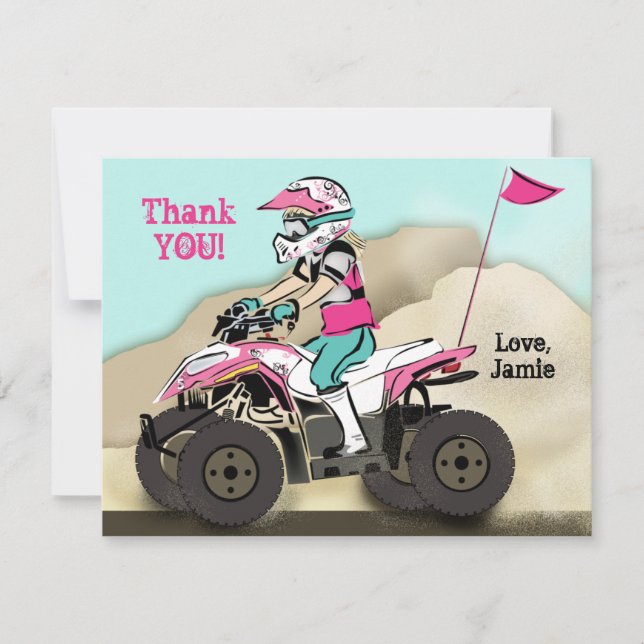 Pink and Black Girl ATV Rider Thank You Card (Front)