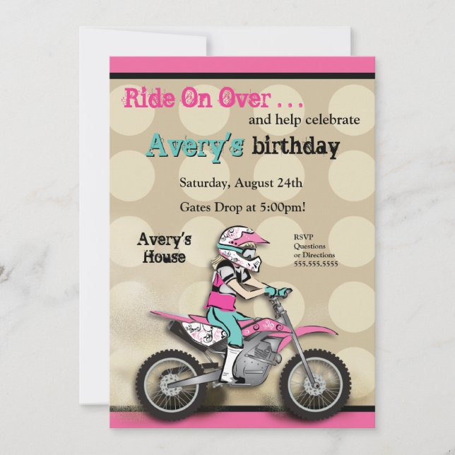 Pink and Black Girl Dirt Bike Rider Invitation (Front)