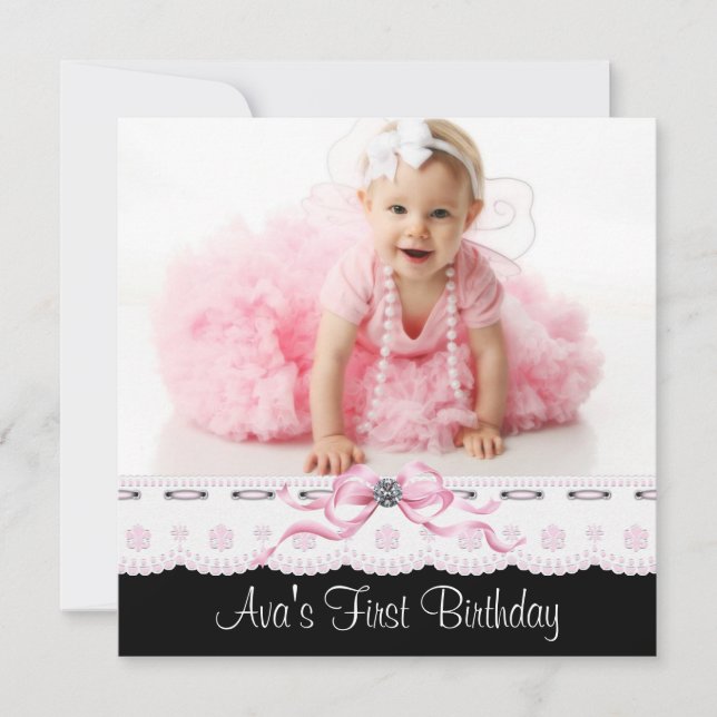 Pink and Black Girls Photo Birthday Party Invitation (Front)