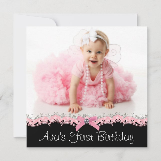 Pink and Black Girls Photo Birthday Party Invitation (Front)