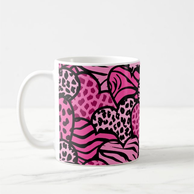 Pink and black girly animal print hearts coffee mug (Left)