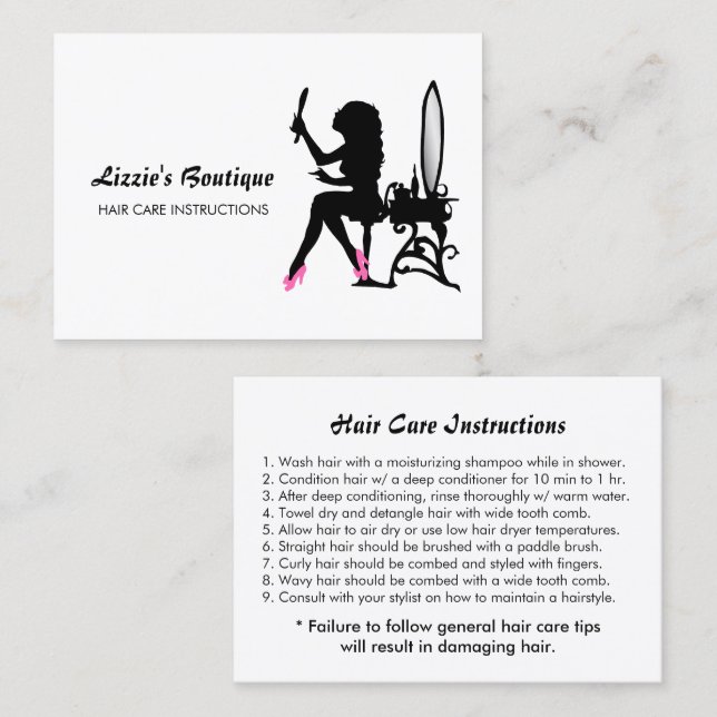 Pink and Black Girly Girl Hair Care Instructions Business Card (Front/Back)