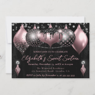 Pink and Black Glitter Christmas Baubles Sweet 16 Invitation
