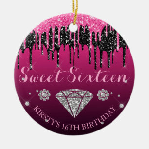 Pink and Black Glitter Drip Diamond Sweet Sixteen Ceramic Tree Decoration