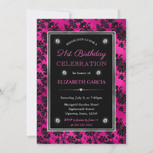 Pink and Black Glitter Floral Damask 21st Birthday Invitation
