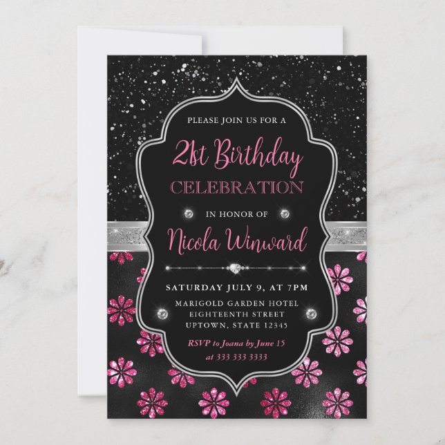 Pink and Black Glitter Flowers 21st Birthday Invitation (Front)