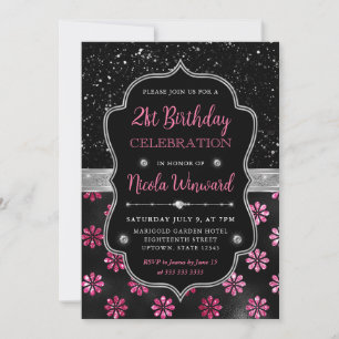 Pink and Black Glitter Flowers 21st Birthday Invitation