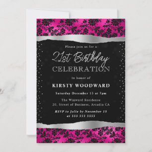 Pink and Black Glitter Flowers 21st Birthday Invitation