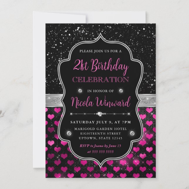 Pink and Black Glitter Hearts 21st Birthday Invitation (Front)