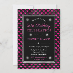 Pink and Black Glitter Hearts 21st Birthday Invitation