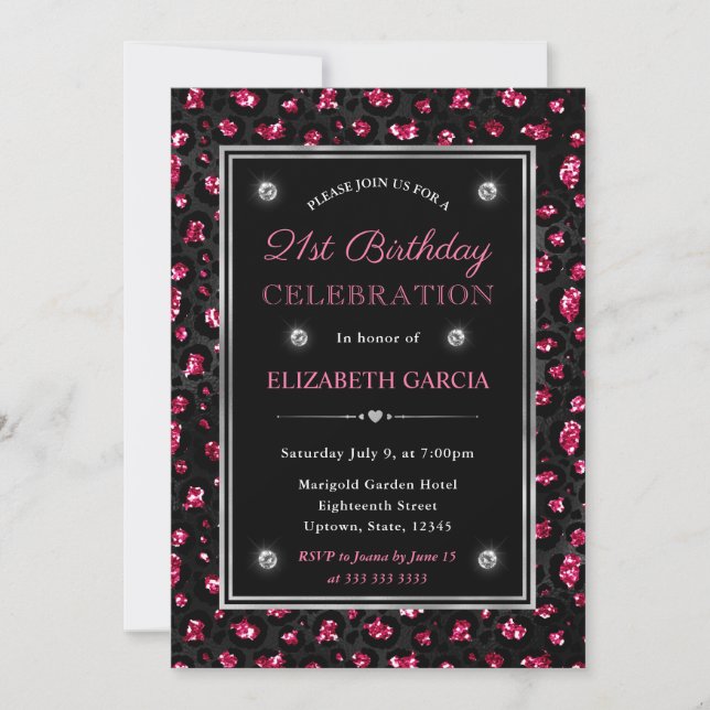 Pink and Black Glitter Leopard Spots 21st Birthday Invitation (Front)